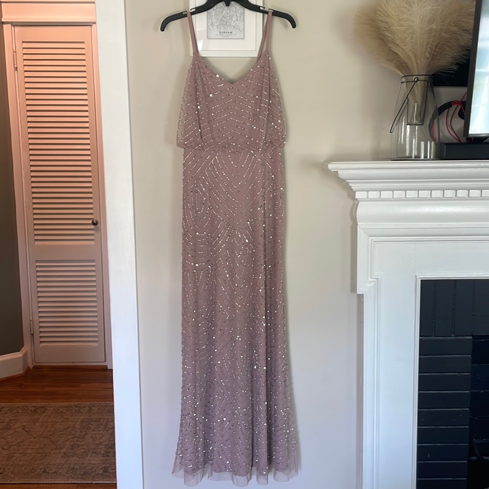 Adrianna Papell Long Beaded Blouson Dress Dusty Petal Size 6